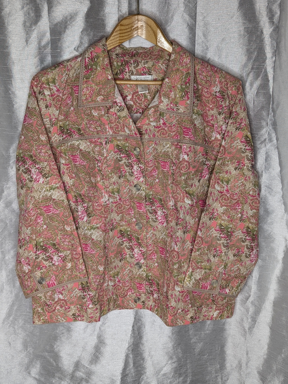 Christopher & Banks Pink Green Paisley Woven Button Front Cottagecore 3/4 Slv XL